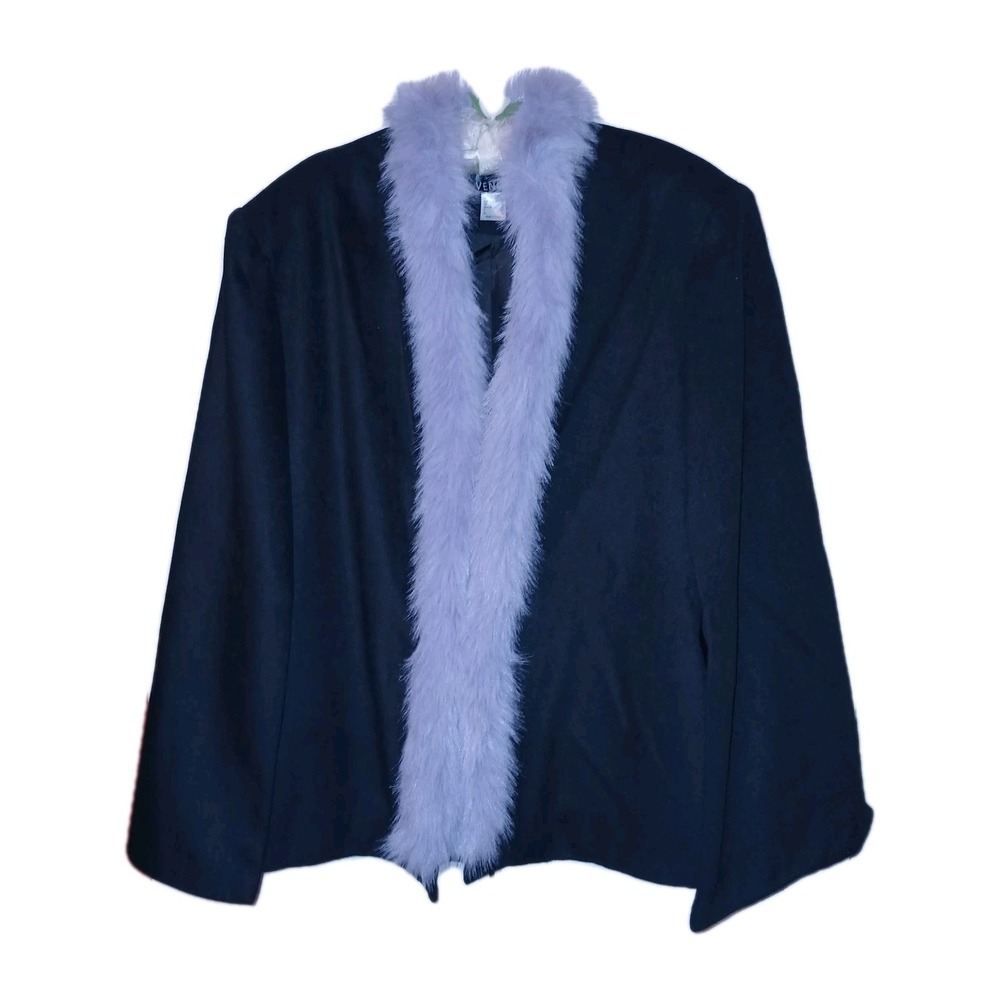 Venus Women Cape Jacket 16 Jet Black Lavender Faux Fur Statement Tailored Boa